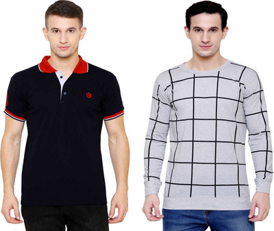 SCATCHITE Checkered, Color Block Men Polo Neck Grey, Black T-Shirt(Pack of 2)