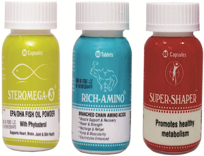 

STEROMEGA-3 PACK OF STEROMEGA-3+RICH-AMINO & SUPER-SHAPER(150 No)