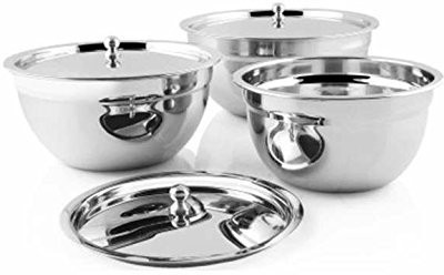 Shri & Sam Stainless Steel Serving Bowl Stainless Steel Tezon Serving Bowl with Lid, Silver -Set of 3(Pack of 3, Silver)