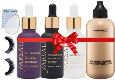 

pink palace silicon puff , Farsali 24K Rose Gold Elixir+ Volcanic Elixir With Unicorn Essence Face Serum with mac face and body foundation (Set of 5)(Set of 5)