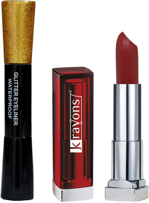 

KRAYONS Combo of Glitter Sparkling Shimmer Liquid Pearl Eyeliner, Golden with Matte Lipstick Centre Stage (Red Shade) by OneLook(Set of 2)