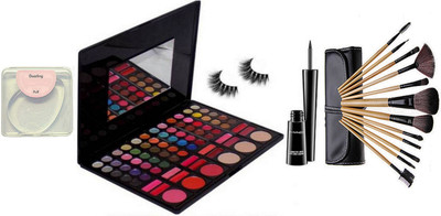 

dazzling Silicon puff with Mac professional 78 Shade Eye Shadow palette & Mac Liquid last Eyeliner, Eyelashes with Bobbi brown makeup brush set of 16(Set of 16)