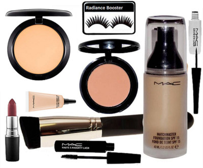 

radiance booster Eyelashes & Mac Compact & Blusher & Match Master Foundation & Liquid Last Eyeliner+Mascara & Select Cover Up Concealer & Lipstick & Makeup Brush(Set of 9)