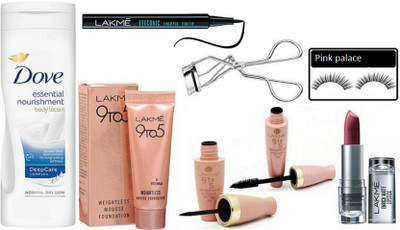

pink palace eyelashes, dove essential nourishment deep care complex body lotion , lakme 9 to 5 mousse foundation, 9 to 5 eyeliner & mascara , enrich lipstick with eyelash curler with eye conic pen eyeliner (Set of 8)(Set of 8)