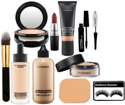 

radiance booster Eyelashes & Mac Face&Body & Studio Water Weight & Pro Long Wear Foundation & Sponge Puff & Loose Powder & Makeup Brush & Lipstick & Compact & Liquid Last Eyeliner+Mascara(Set of 11)