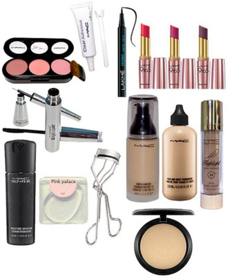 

pink palace Silicon puff, Mac 3 shade blusher, face & body foundation,highlighter,match master foundation,compact,prep+prime face serum,brooke candy eyeliner & masacra, eye lashes glue, lakme 9to5 lipstick,eyeconic pen eyeliner, eyelashes curler(Set of 15