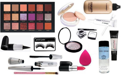 

power point Eyelashes, Huda Beauty desert dusk Eye shadow Palette+Makeup Brush, Mac Face & Body Foundation 120ml +Puff, L'oreal Falliable Mattifying Primer, fluidline gel eyeliner, stick kajal, Brooke Candy Eyeliner & Mascara, Eyelashes Glue, Illuminator 