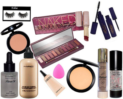 

Eska Eyelashes, Urban Decay Cherry Eye shadow palette, Face & Body Foundation, Prep+Prime Primer Oil , Compact, Padma Eyeliner & Mascara, Select Cover Up Concealer , Primer , Highlighter, Creme less lipstick, blusher, Sponge puff(Set of 13)