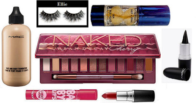 

ellie Eyelashes, Mac Prep+Prime Primer, Face And Body Foundation, Stick Kajal, Matte Finish Longlasting Lipstick, Naked Urban Decay Cherry Eyeshadow Palette, Maybelline Candy Wow Cherry Lipbalm(Set of 7)