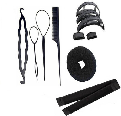 

FNB Hair Accessories Combo Pack Bumpits, Puffs And Donuts, For Bun Maker Women pack of 11 Hair Accessory Set(Black)