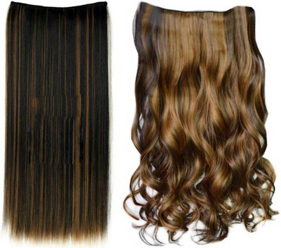 

KashQueen Combo Pack of 2, 5 Clip Based 150 Gms Synthetic Straight and Curly Fashion Extension/ Wig, Dark Brown & Gold (26Inchs) Hair Extension