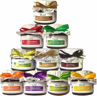

Farm Naturelle Farm Naturelle-(400 Gms x 10 Variety Package)-Pure Raw and Natural Forest Honey, Eucalyptus, Vana Tulsi, Jamun Flower, Litchi, Acacia, Wild Berry (Sidr) and Real infused Clove, Ginger and Cinnamon in Forest Honey.(4000 g, Pack of 10)