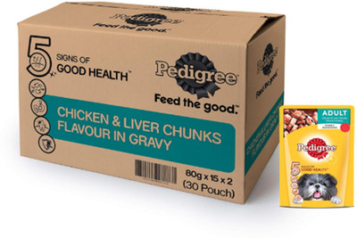 

Pedigree Adult Wet Dog Food, Chicken & Liver Chunks in Gravy â (Pack of 30) Chicken 80 g Wet Dog Food