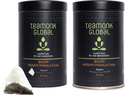 

Teamonk Global Bhumi Assam Masala Chai, 30 Teabags-Pack of 2 | Natural Ingredients: Cinnamon, Clove, Cardamon, Ginger | 100% Natural Whole Leaf Pyramid Teabags for Relax & Refresh | No Additives Cinnamon, Cloves Black Tea(30 Bags, Tin)