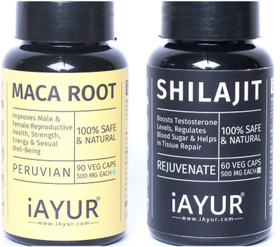 

iAYUR Shilajit Pure Himalayan 500 Mg 60 Veg & Maca Root Peruvian 400 Mg 90 Veg(150 No)