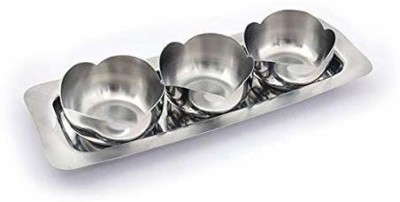 Shri & Sam Stainless Steel Vegetable Bowl High Grade Stainless Steel Tacos 3 Pcs Bowl Set with Tray Server Like Any Foods, Snack, Sweet, Etc.(8.5 cm Each Bowl and 30 cm Tray)(Pack of 4, Silver)