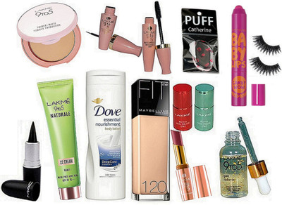 

catherine Silicon Puff, Eyelashes, Dove Essential Nourishment Body Lotion Lakme Nail Paint, ( Pack Of 2), 9 to 5 Lipstick, CC Cream, Eyeliner, Mascara, Gold Face Serum, Compact, Maybelline Fit Me Foundation, Baby Lips Lip Balm, Mac Stick kajal(Set of 14)
