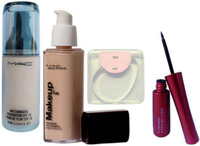 

ellie Silicon Puff With Mac makeup 24H Foundation, Match Master SPF15 Make-Up Foundation & eyeliner (Set of 4)(Set of 4)