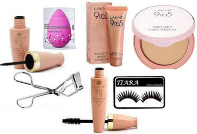 

TIARA Eyelashes, Primer matte Compact, Eyeliner & Mascara,Sponge puff, Weightless Foundation,Curler(Set of 7)