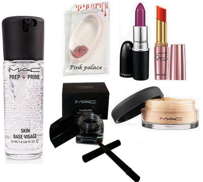 

pink palace silicone puff, MAC prep + prime skin base primer & fluidline gel eyeliner & matte finish lipstick & loose powder & lakme 9 to 5 lipstick(Set of 6)