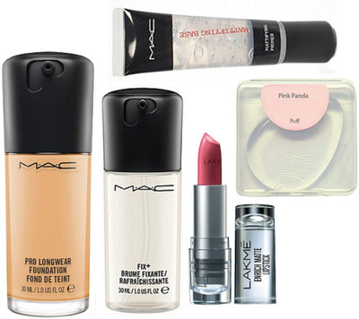 

PINKPANDA silicon puff, mac pro longwear foundation, fix+ brume, primer,lakme enrich matte lipstick(Set of 5)
