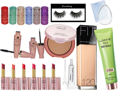

ravishing Eyelashes, Silicon Puff, Lakme 9to5 Liquid Eyeliner With Mascara, Mirror Nail Polish (Pack Of 6), Compact, Naturale CC Cream, Matte Lipstick (Pack Of 6), New York Fit Me Foundation & Eyelashes Glue(Set of 20)