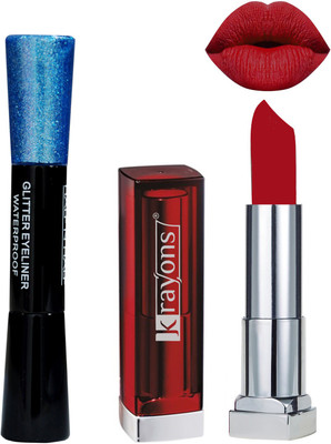 

KRAYONS Combo of Glitter Sparkling Shimmer Liquid Pearl Eyeliner, Blue with Matte Lipstick Centre Stage (Red Shade) by OneLook(Set of 2)
