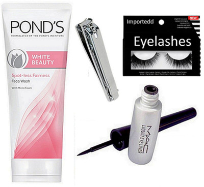 

Importedd Eyelashes, Liquid Eyeliner, Nail Cutter, White Beauty Spot-Less Fairness Face Wash(Set of 4)