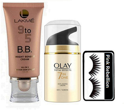

Pink Rebellion Eyelashes & Lakme 9 To 5 BB Benefit Cream & Olay Anti Ageing Day Cream(Set of 3)