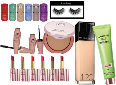

ravishing Eyelashes, Lakme 9to5 Liquid Eyeliner With Mascara, Mirror Nail Polish (Pack Of 6), Compact, Naturale CC Cream, Matte Lipstick (Pack Of 6) & New York Fit Me Foundation(Set of 18)