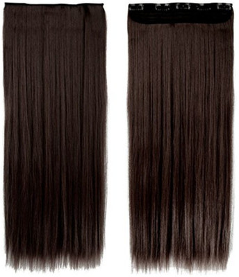 

KashQueen 5 Clip Based 100 Gms Synthetic Straight Fashion Extension/Wig, Dark Brown (26Inchs) with Red Rose Clip Hair Extension