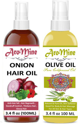 

AroMine 100% Organic Onion Oil And Extra Light Olive Oil-(100ml) Hair Oil-Pack of-2-Bottle-(200ml) Hair Oil(200 ml)