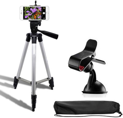 

LIFEMUSIC Portable Adjustable Aluminium Lightweight Camera Stand Tripod-3110 With Three-Dimensional Head & Quick Release Plate For Video Cameras and mobile, With Mobile Holder Clip holder and car mobile holder for windshield,Dashboard Tripod(Silver, Black