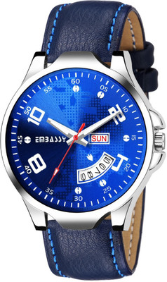 Embassy Shining Leather Blue Dial Watch For Boys Day And Date Series Analog Watch - For Men