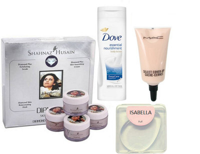 

ISABELLA silicon puff & shahnaz husain diamond facial kit,mac select cover up concealer & dove essential nourishment body lotion(Set of 4)