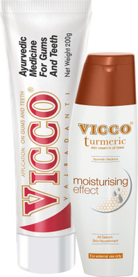

Vicco Tooth Paste(Vajradanti Paste)-200g+Body Lotion/Moisturiser(Turmeric Cream in Oil Base)-100g(Set of 2)