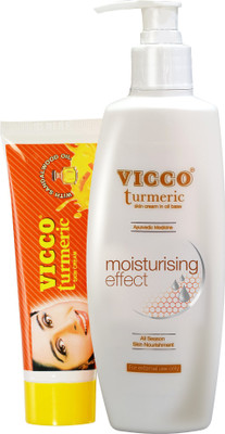 

Vicco Turmeric Skin Cream With Sandalwood Oil-70g+Body Lotion/Moisturiser(Turmeric Cream in Oil Base)-100g(Set of 2)