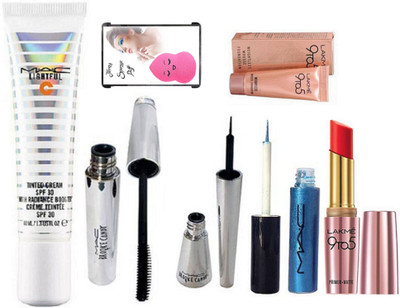jenney Sponge Puff & Mac Lightful Tinted Cream Foundation & Giletter Eyeliner Lakme 9 TO 5 Lipstick & Mousse Brooke candy Eyeliner & Mascara(Set of 7)