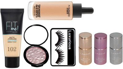 

luxurious Eyelashes & Fit Me Matte + Poreless Foundation & Mac Beauty Makeup Illuminator & Water weight Foundation & Lakme Nail Polish(Set of 7)