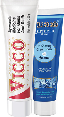 Vicco Tooth Paste(Vajradanti Paste)-200g+Shaving Cream(Turmeric Cream in Shaving Cream Base with Foam)-70g(Set of 2)