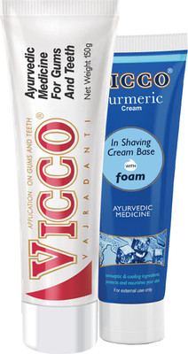 

Vicco Tooth Paste(Vajradanti Paste)-150g+Shaving Cream(Turmeric Cream in Shaving Cream Base with Foam)-70g(Set of 2)