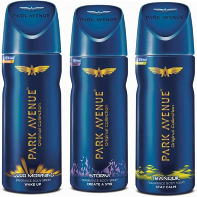 

Park Avenue GOOD MORNING,STORM,TANQUEL PACK OF 150MLX3 Body Spray - For Men & Women(450 ml, Pack of 3)