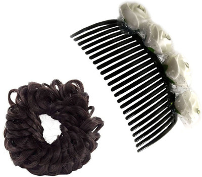 

GaDinStylo Pack of New Fashion Brown Curly Rubber Juda and White Rose Flower Hair Comb Pin Clip For Bridal Wedding Hair Accessories Hair Accessory Set(Black)