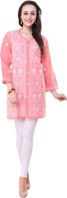 Crease & Clips Women Chikan Embroidery Straight Kurta(Pink)