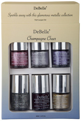 

DeBelle Nail Lacquer set Champagne Cheer gift pack of 6 Chrome Glaze, Chrome Silver, Shimmer Top Coat, Glamarous Garnet, Chrome Gold(Pack of 6)