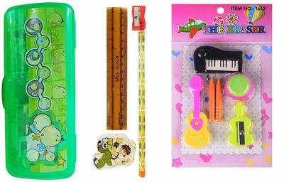 

Majik Combo Of Eraser And Stationary Kit For Kids, Pencil Box Set For Kids For School, Return Gifts For Kids Birthday, Stationary Items, Multicolor, Pack Of 1 NA Art Plastic Pencil Box(Set of 10, Multicolor)