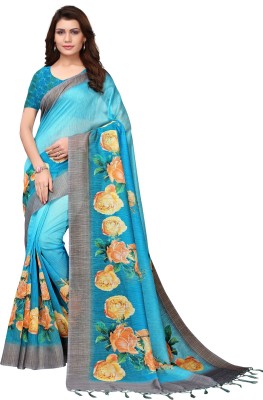 Ratnavati Printed, Digital Print, Floral Print Bollywood Cotton Linen Saree(Light Blue)