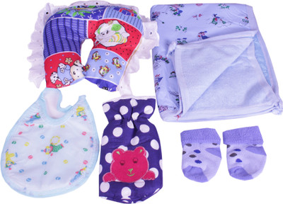

VIVAAN New Born Baby Combo Pack Of 5 Daily Needs Item In Single Packet/1 PILLOW/1 BIB/1 BOTTLE COVER/ 1 PAIR SOCKS/ 1 PLASTIC CUM TOWEL BABY SHEET(Purple)