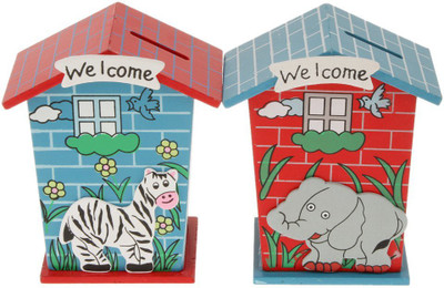 

BuyCreativeLife Wooden House Animal Designs Multi Color Coin Box(Pack of 2) Coin Bank(Multicolor)