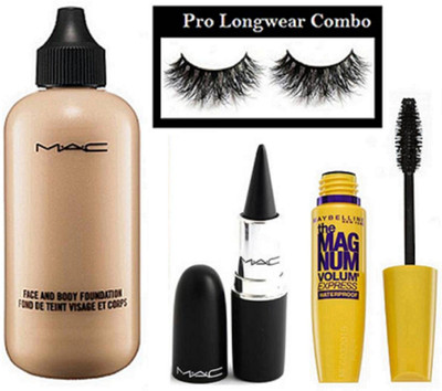 

pro longwear combo Eyelashes, Mac Face And Body Foundation, Stick Kajal, New York The Magnum Volum Mascara(Set of 4)